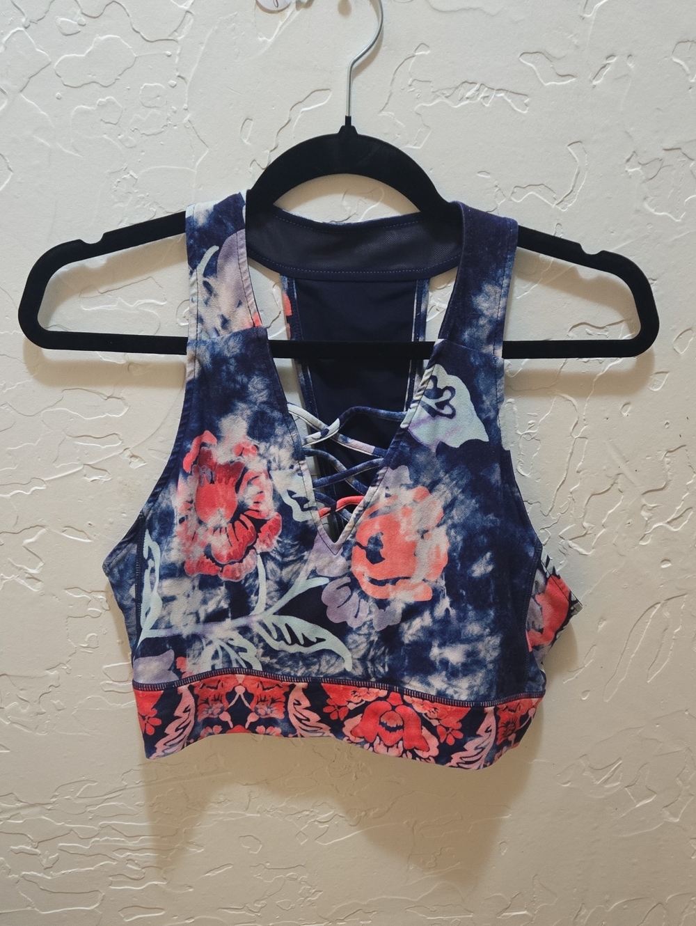 Nanette Lepore Navy & Coral Longline Floral Lace-Up Sports Bra
